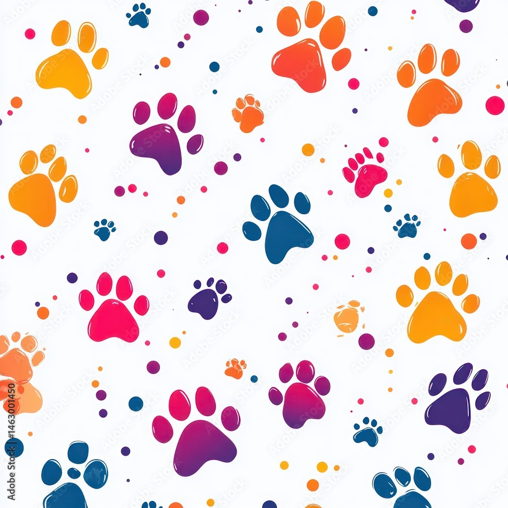 Aufkleber colorful pattern of various sized animal paw prints and scattered dots on a white background creatin