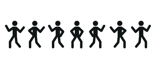 people dancing, healthy lifestyle, stick, man doing sports, happy little men, flat vector illustration, pictogram
