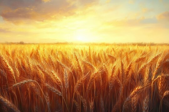 Golden wheat field glowing under a bright sunset sky with scattered clouds, evoking warmth and tranquility in a vast rural landscape