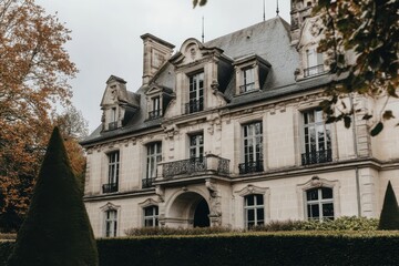 Fototapeta premium Historic mansion surrounded by lush greenery, showcasing intricate architectural details in a serene garden setting during an overcast day