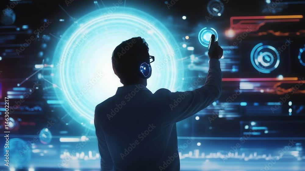 Poster futuristic digital interface: man interacting with holographic data display, technology and innovati