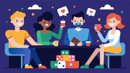 Game Night Extravaganza A lively scene of friends in a game room engaged in different games like card games and video games with drinks and snacks tered around.