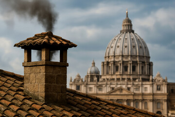 Black smoke rising from chimney signaling the election result of the papal conclave. No new pope