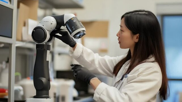 Asian scientist working with a collaborative robot in a laboratory for medical research