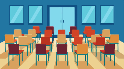 A room with rows of chairs set up for a town hall meeting or informational session.