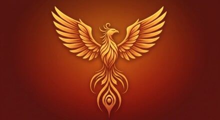 A golden phoenix with outstretched wings on a gradient orange and brown background design image