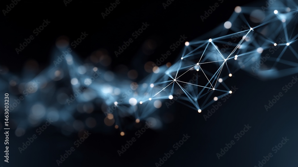 Poster abstract polygonal network of connecting dots and lines on dark backdrop