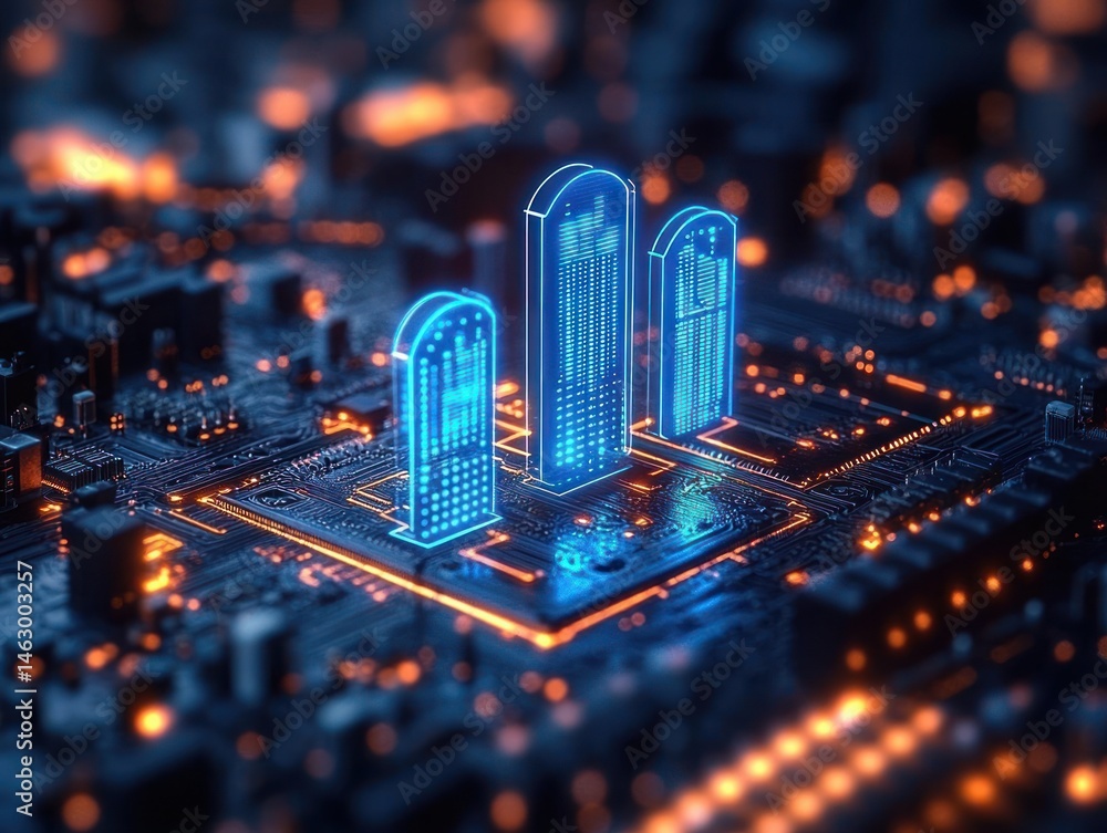 Aufkleber close-up view of a futuristic circuit board with three glowing blue digital skyscraper-like structur