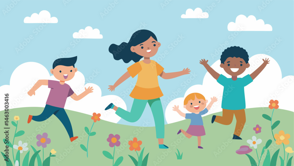 Poster joyful running children happily running through a field of wildflowers with parents trailing behind 