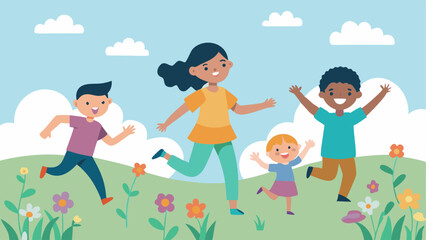 Obraz premium Joyful Running Children happily running through a field of wildflowers with parents trailing behind and each enjoying the freedom of the outdoors.