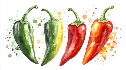 Vibrant Watercolor Illustration of Hand Drawn Hot Peppers
