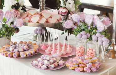 Pink candy bar for holiday celebration. Sweet buffet for birthday party or wedding. Desserts assortment against wooden background, catering concept