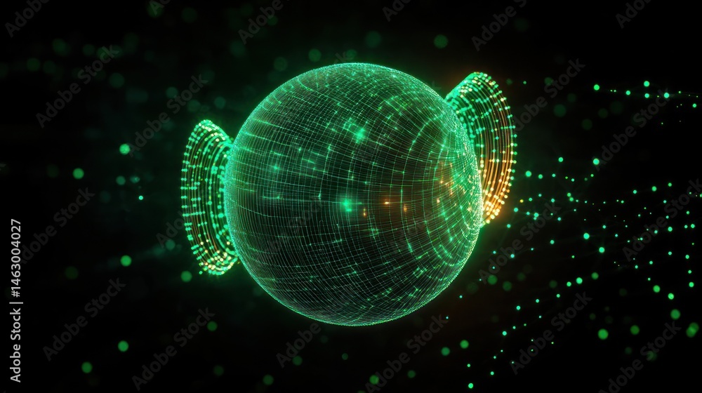 Poster glowing green and yellow holographic wireframe sphere with circular grids on each side floating in d