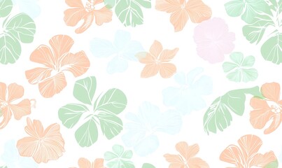 Fototapeta premium Hawaiian flowers and palm leaves in pastel tones for a summer mood