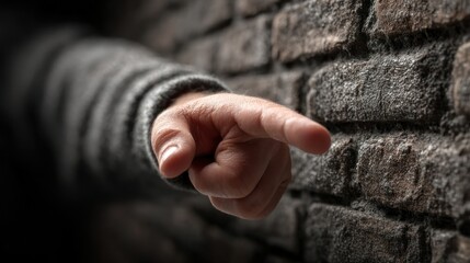 Obraz premium Finger points through textured brick wall, gray sleeve