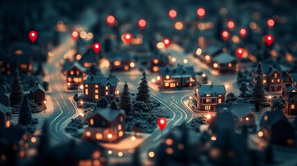 A bird's-eye view of a detailed neighborhood model, red pins standing out against the miniature houses and streets, symbolizing available properties in a real estate context 