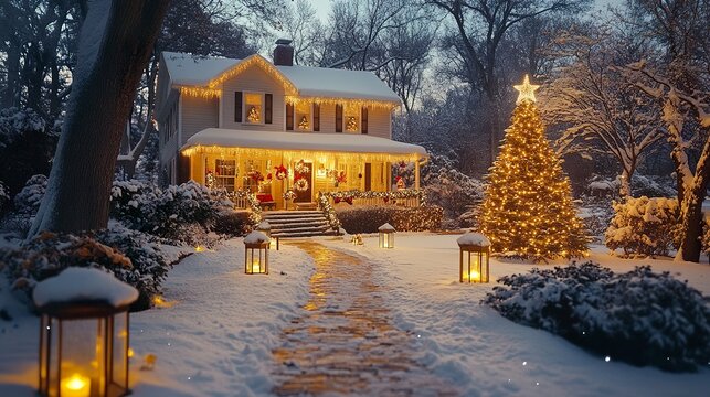 A beautiful snowy home with an illuminated pathway lined with lanterns, holiday decorations on the porch, and a Christmas tree sparkling in the front yard, creating a whimsical winter wonderland 