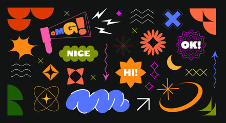 Set of bright decorative abstract elements in a flat style on a dark background. Suitable for social media design, collages, presentations, posters and creative content.