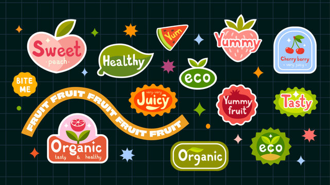 A fun set of fruit stickers in a cartoon style. Labels for fruit with inscriptions.  Ideal for packaging, posters, menus, social media or children's designs.