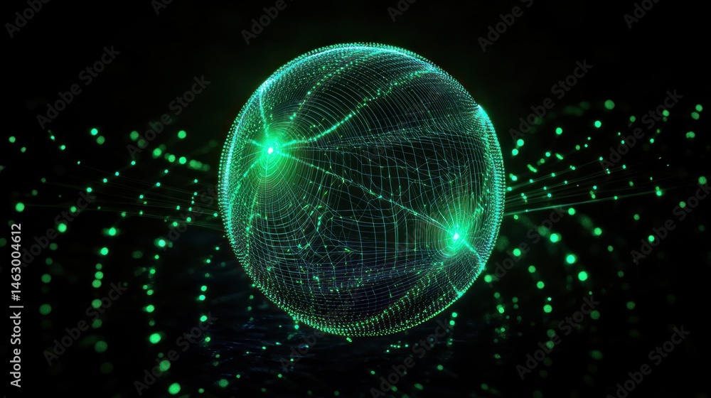Poster glowing green digital sphere composed of interconnected points and lines emitting light against a da