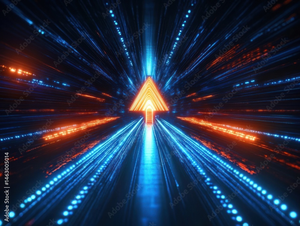 Poster glowing orange arrow pointing forward surrounded by dynamic streaks of blue and orange lights creati