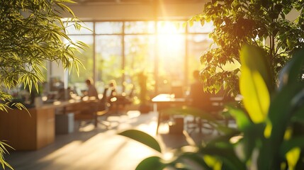 Fototapeta premium A bright, blurred background of an open-plan office with workers in motion, surrounded by indoor trees and natural sunlight for an eco-conscious ambiance 