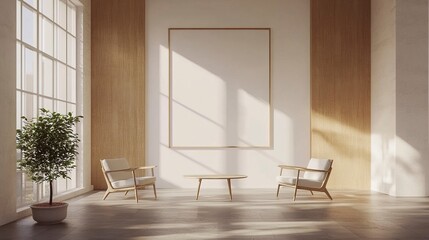 A bright, modern office meeting room with a blank white wall, wooden accent panel, large windows allowing natural light, and minimalist furniture including sleek chairs and a table 