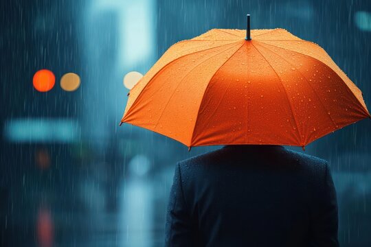 Person holding bright orange umbrella in heavy rain with blurred city lights in background