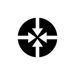 Symbol representing convergence with arrows pointing inward towards a central point in a black and white design