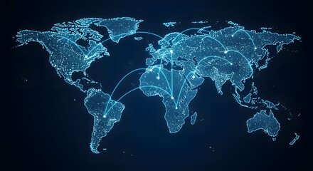 Glowing world map with interconnected lines representing global network connections and communication flow