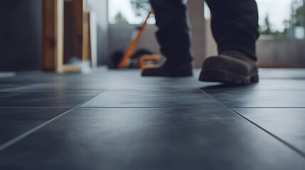 Fototapeta premium Person Walking on Tiled Floor in Construction Area