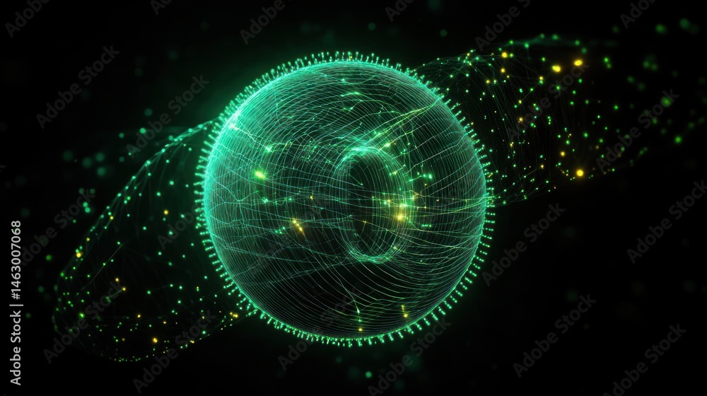 Poster Glowing green digital sphere surrounded by interconnected luminous mesh and particles on a dark background conveying technology and data flow