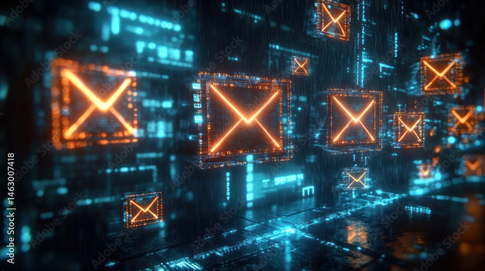 Poster glowing digital envelopes floating in a futuristic blue and orange cyber environment representing em