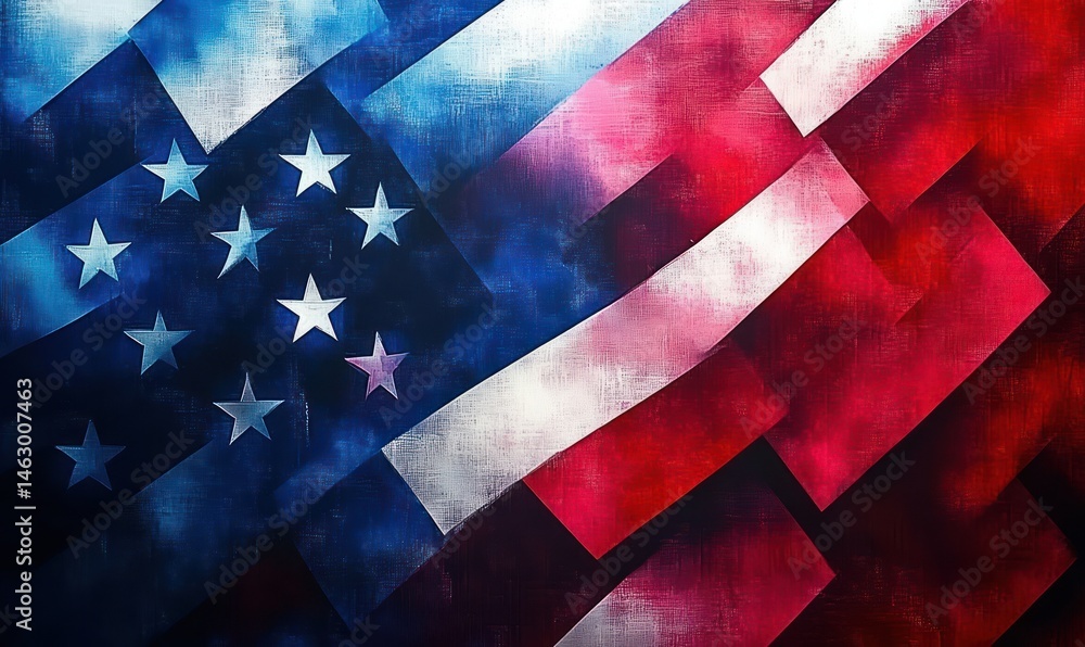Poster abstract digital artwork of a fragmented american flag with overlapping geometric shapes in red, whi