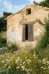 Fototapeta premium An abandoned cottage is gracefully enveloped by a vibrant array of wildflowers during the enchanting golden hour, set against a serene countryside in the bloom of spring