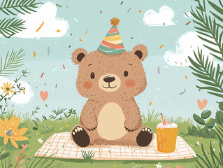 Cute Bear Cartoon Celebration Picnic Party Cute Colorful Childish Jungle Illustration Animals Friends Playful Happy Soft Fuzzy Wildlife Spring Nature Pastel Outdoors Scene