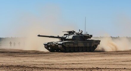 A military tank moving across a dirt field with dust and a clear blue sky in the background on a sunny day.
