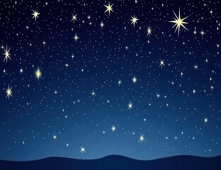 Starry night sky over dark hills.  Many twinkling stars scattered across a deep blue night sky, with a gently sloping dark horizon