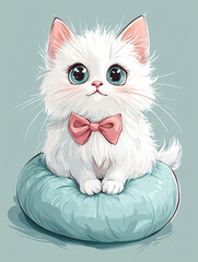 Cute White Kitten Illustration Digital Artwork Playful Furry Adorable Fluffy Pet Cartoon Sitting with Colorful Background Soft Whiskers Paws Tail Friendly Smile Sweet Mischievous Character Joyful