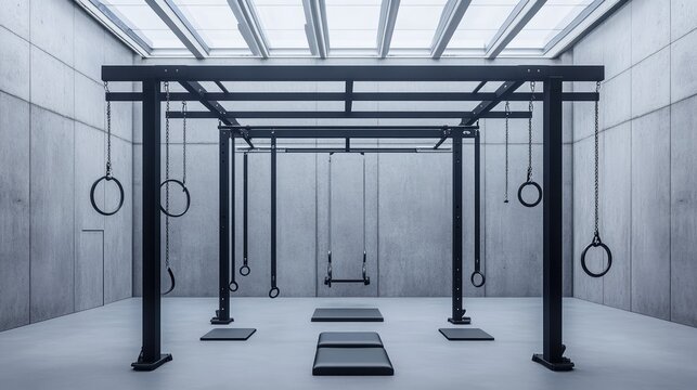 Bodyweight training station with parallel bars, dip frames, and rings in a minimalist gym
