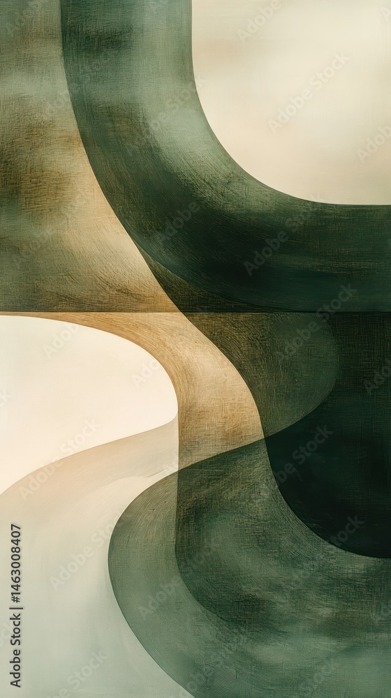 Poster abstract composition featuring flowing curved shapes and soft transitions in muted green and beige t