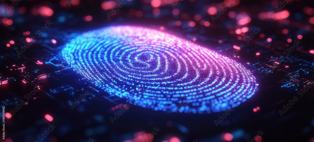 Poster close-up of glowing digital fingerprint on a dark futuristic circuit board with blue and pink light 
