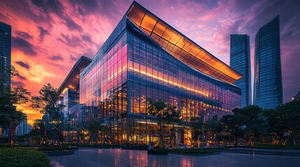 A corporate hub at dusk, the reflective glass facade of the office building glowing with the colors of the setting sun, symbolizing the transition from work to rest  
