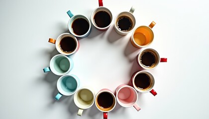Colorful coffee cups arranged in a circle on white background -  