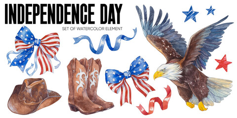 4th July Happy USA Independence Day watercolor Clipart. Cute America national isolated symbols elements on white background. Watercolor cowboy hat and boots, American bow and bald Eagle.