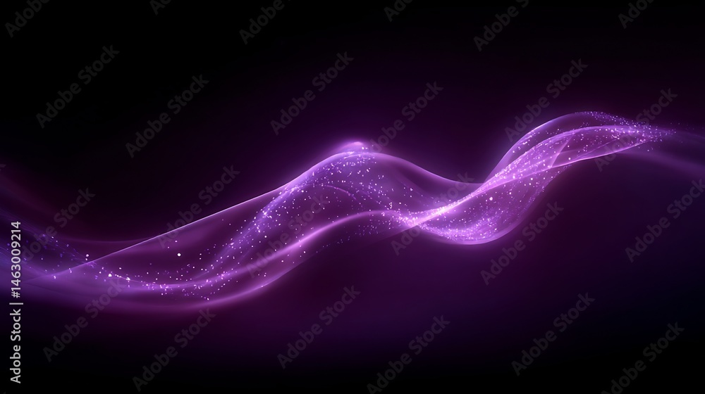 Poster abstract luminous flowing wave with glowing particles on dark backdrop