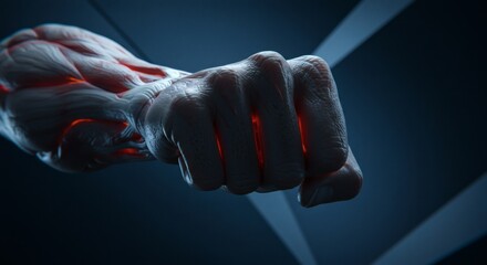Obraz premium Close up of a clenched fist with visible muscles and glowing red veins in a dark blue background