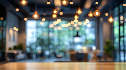 A defocused view of a stylish office space, with bokeh lights providing a soft, warm glow that complements the clean, modern furnishings and professional design 