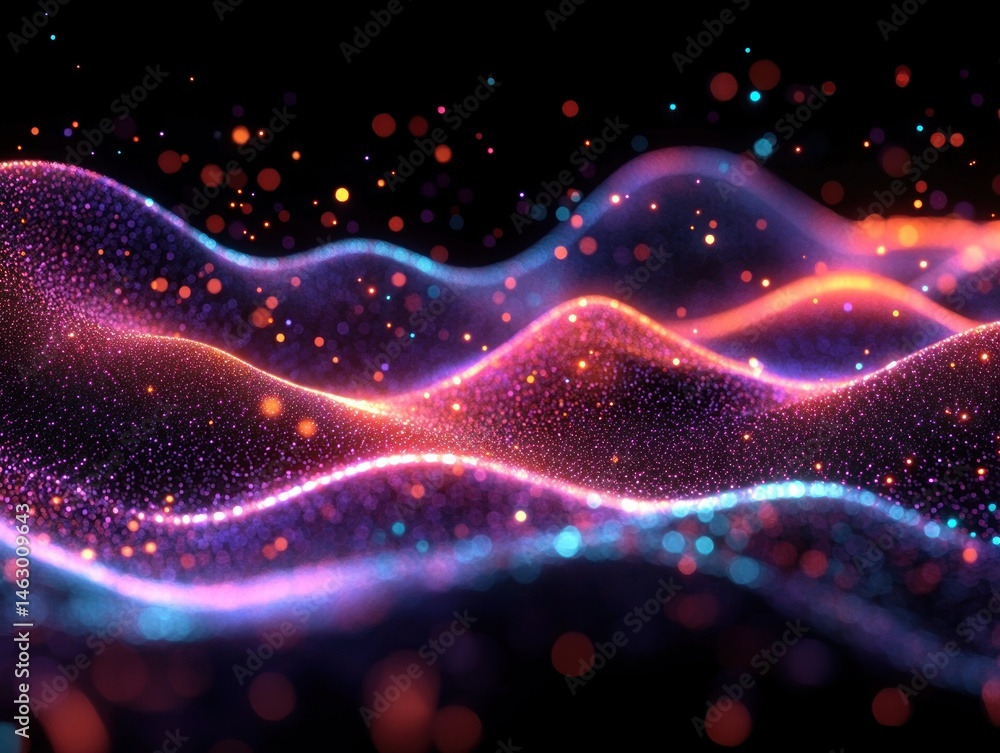 Poster abstract undulating waves composed of glowing colorful particles and light dots against a dark backg