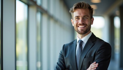 Confident businessman smiling inside a modern office hallway  